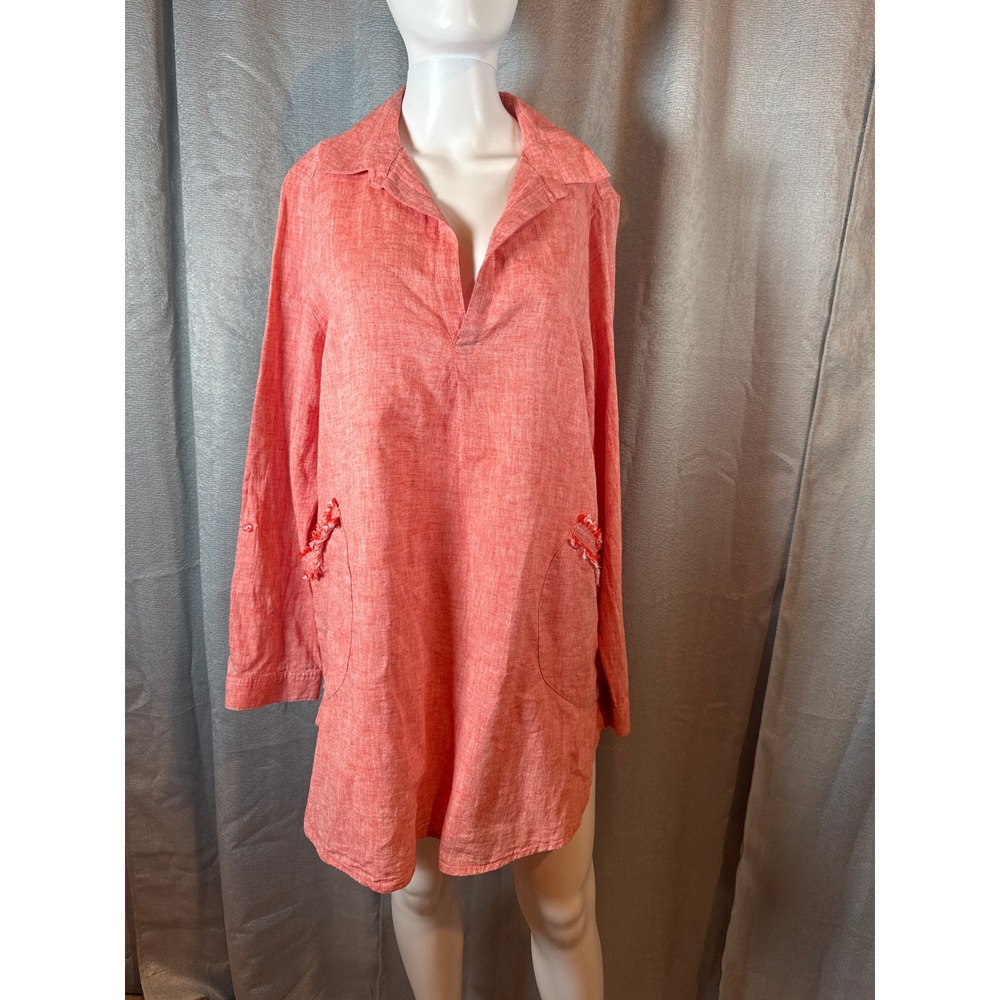FORCYNTHIA Beachwear Coral‎ Linen Cotton Blend Tunic Top Shirt Dress XL